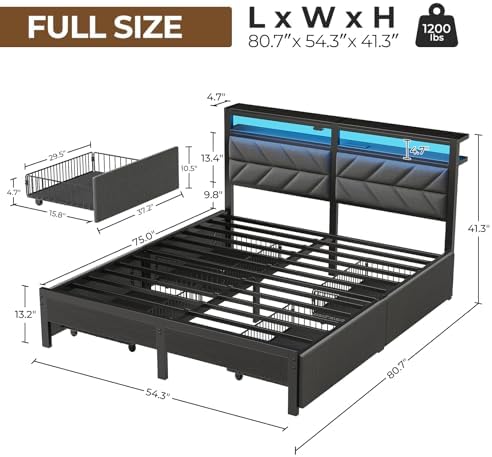 Seventable Full Size Bed Frame with Charging Station | Upholstered Storage Headboard | Metal Platform Bed with Under Bed