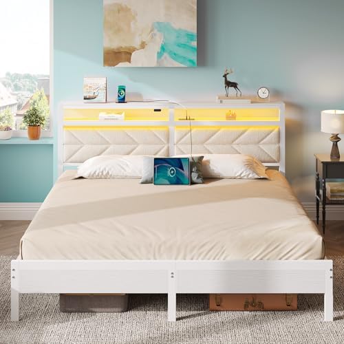Seventable Full Size Bed Frame with Charging Station | Upholstered Storage Headboard | Metal Platform Bed with Under Bed