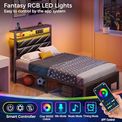 Seventable Full Size Bed Frame with Charging Station | Upholstered Storage Headboard | Metal Platform Bed with Under Bed