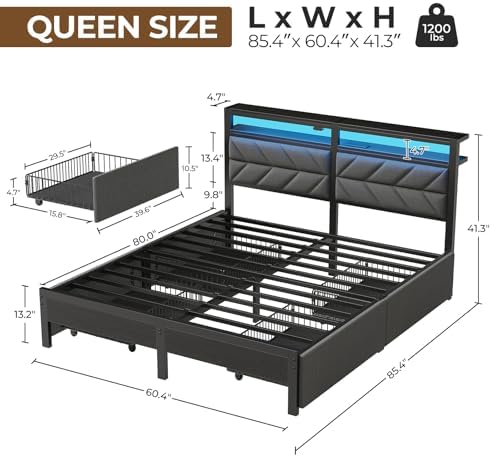 Seventable Full Size Bed Frame with Charging Station | Upholstered Storage Headboard | Metal Platform Bed with Under Bed