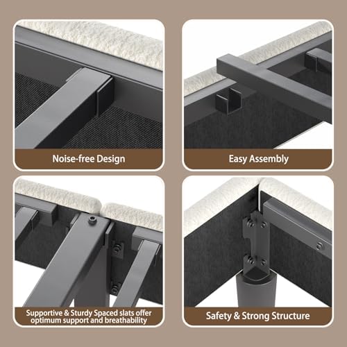 Upholstered Twin Bed Frame with Soft Cloud Headboard - Teddy Boucle Fabric, No Box Spring Required, Noise-Free Design, I