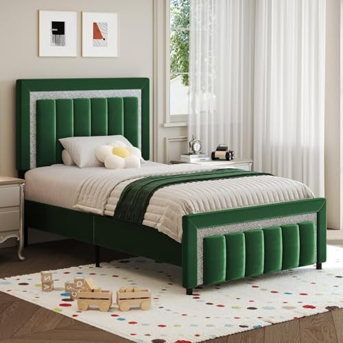HOMBCK Twin Bed Frame with Headboard & Footboard, Upholstered Twin Size Bed, Easy Assembly, No Box Spring Needed, Stylis