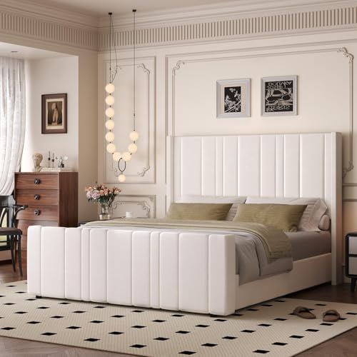 HOMBCK Upholstered Full Bed Frame with Tufted Headboard & Footboard for Easy Assembly | Cream | No Box Spring Needed | M