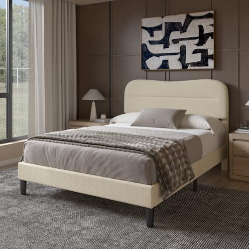 Upholstered Twin Bed Frame with Soft Cloud Headboard - Teddy Boucle Fabric, No Box Spring Required, Noise-Free Design, I