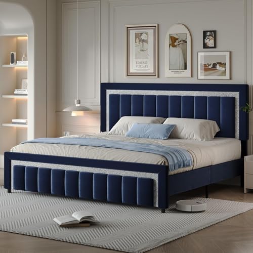 HOMBCK Full Size Bed Frame with Upholstered Headboard | Elegant Princess Platform Bed Design with Diamond Pattern | Easy