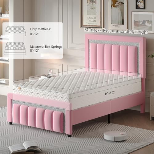 HOMBCK Full Size Bed Frame with Upholstered Headboard | Elegant Princess Platform Bed Design with Diamond Pattern | Easy