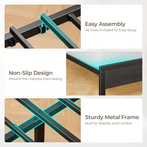 Seventable Full Size Bed Frame with Charging Station | Upholstered Storage Headboard | Metal Platform Bed with Under Bed