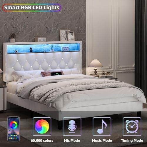 HOMBCK Full Size Bed Frame with LED Lights - Velvet Upholstered with Storage Headboard for Modern Bedroom - Easy Assembl