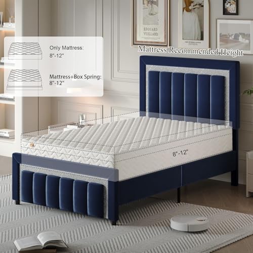 HOMBCK Full Size Bed Frame with Upholstered Headboard | Elegant Princess Platform Bed Design with Diamond Pattern | Easy