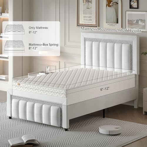 HOMBCK Twin Bed Frame with Headboard & Footboard, Upholstered Twin Size Bed, Easy Assembly, No Box Spring Needed, Stylis