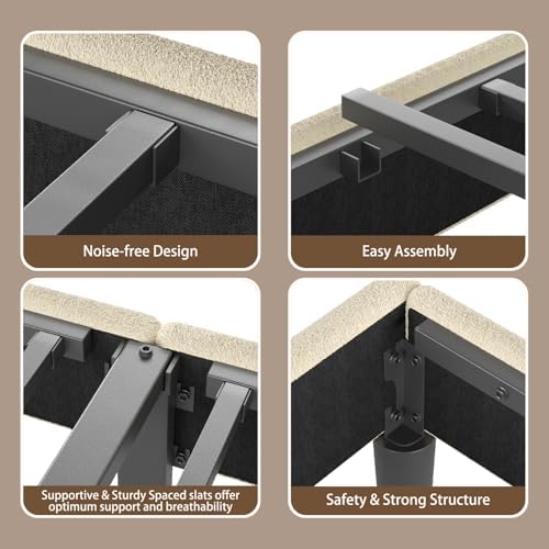 Upholstered Twin Bed Frame with Soft Cloud Headboard - Teddy Boucle Fabric, No Box Spring Required, Noise-Free Design, I