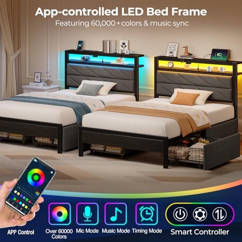 Seventable Full Size Bed Frame with Charging Station | Upholstered Storage Headboard | Metal Platform Bed with Under Bed