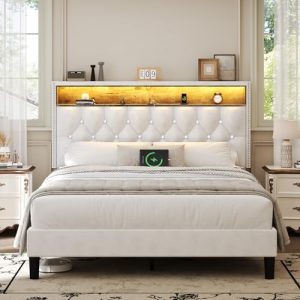 HOMBCK Full Size Bed Frame with LED Lights - Velvet Upholstered with Storage Headboard for Modern Bedroom - Easy Assembl
