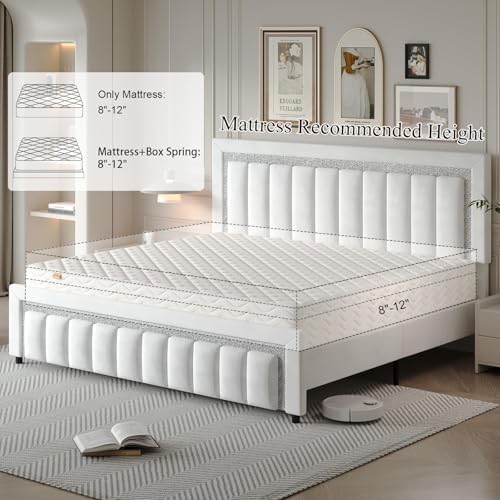 HOMBCK Full Size Bed Frame with Upholstered Headboard | Elegant Princess Platform Bed Design with Diamond Pattern | Easy