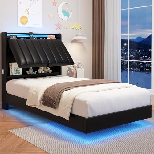 Queen Size Floating Bed Frame with Ergonomic Hidden Storage Headboard and LED Lights - Visual Floating Design with Charg