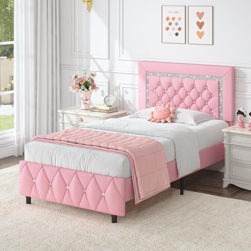 HOMBCK Twin Bed Frame + Faux Leather Upholstered Platform Bed + Modern Design + Kids/Teens + Stylish Diamond Headboard +