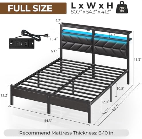 Seventable Full Size Bed Frame with Charging Station | Upholstered Storage Headboard | Metal Platform Bed with Under Bed